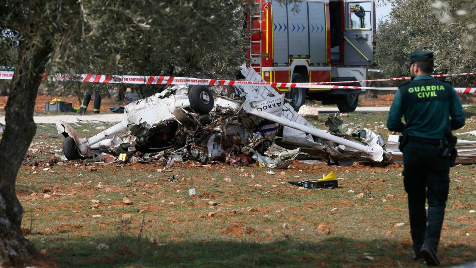 Estado en el que ha quedado una avioneta de uso civil del modelo Cessna 172 que se ha estrellado entre las localidades madrileñas de Perales de Tajuña y Valdilecha.