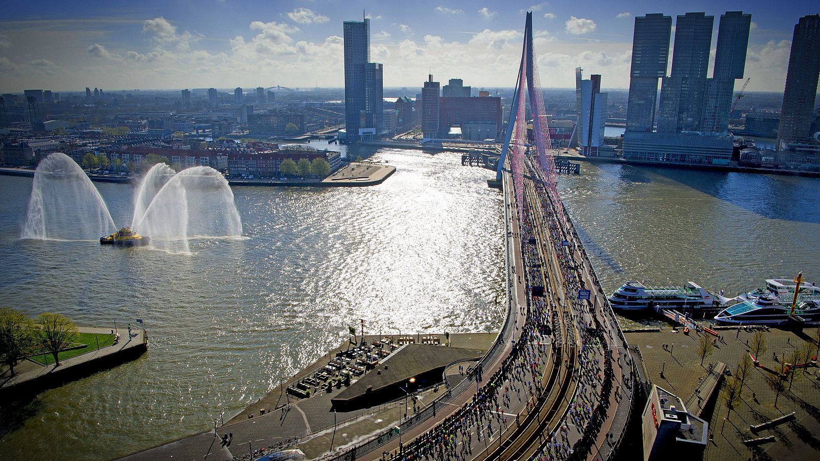 El maratón de Rotterdam, a su paso por el puente Erasmus de la ciudad.