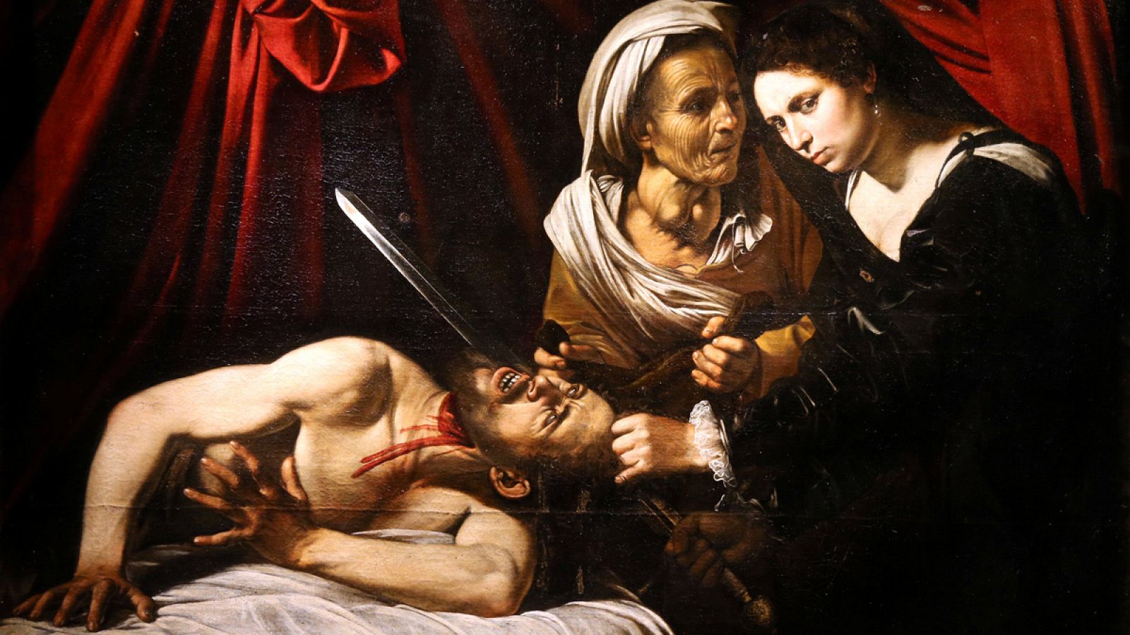 A detail of a painting entitled "Judith Beheading Holofernes" is pictured during its presentation in Paris