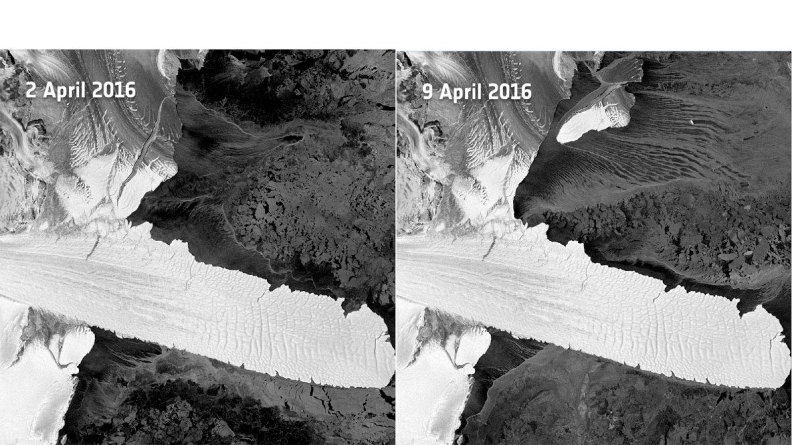 Imagen de satélite de los dos icebergs 'nacidos' de una fractura en el hielo antártico