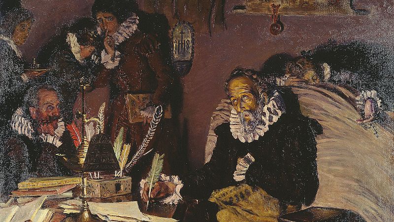 'Cervantes escribiendo la dedicatoria de su obra al Conde de Lemos', 1916, Muñoz Degraín.