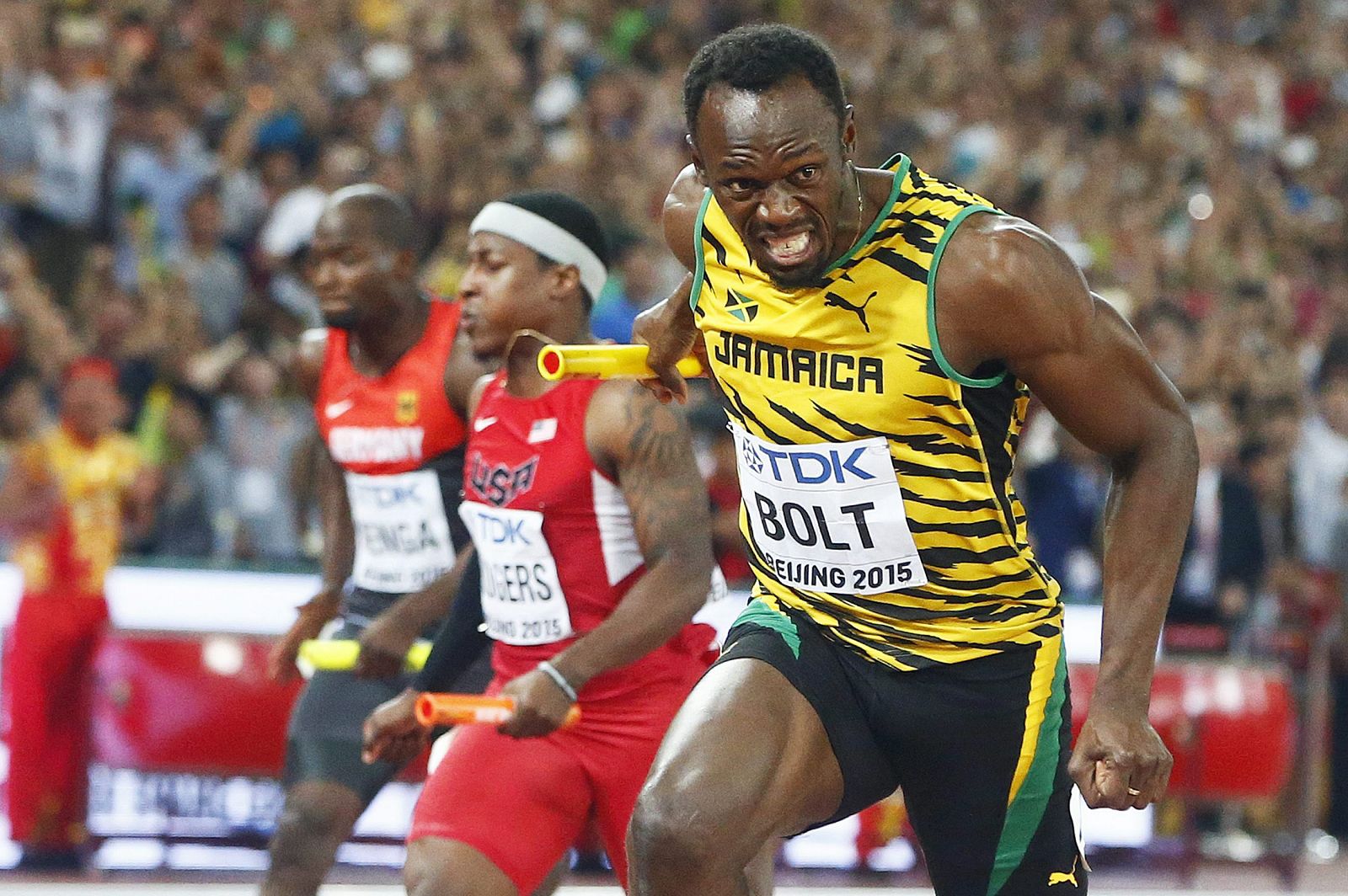 Bolt en la final del 4x100 del Mundial de Pekín 2015.