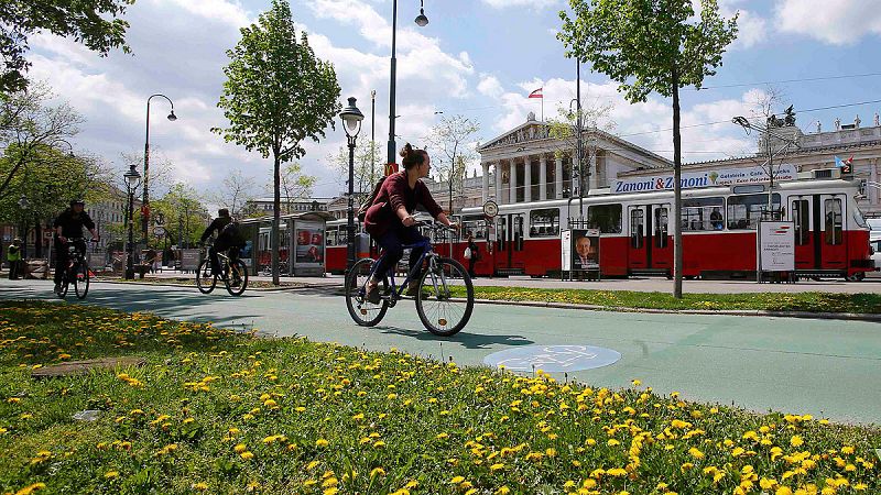 Ciclistas frente al Parlamento en Viena