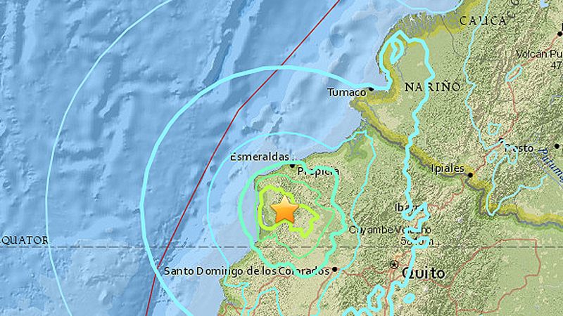 Mapa con la ubicación del epicentro del terremoto de magnitud 6.7 en Ecuador. Fuente: Servicio Geológico de EE.UU. (USGS)