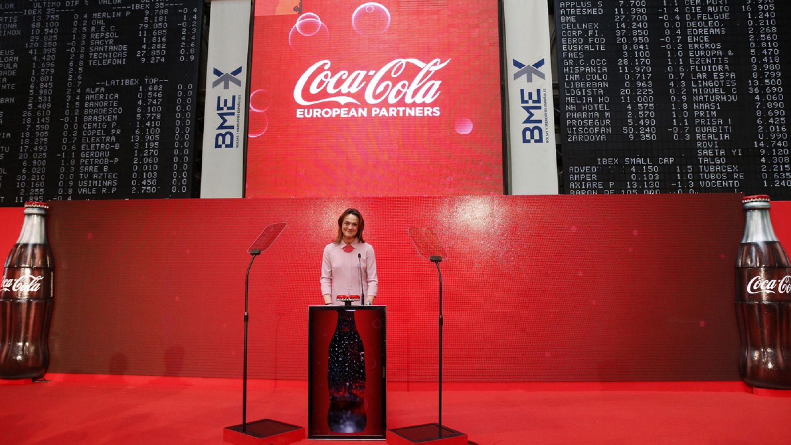 La presidenta de Coca-Cola Iberian Partners, Sol Daurella, durante el inicio de la cotización de la compañía en Bolsa