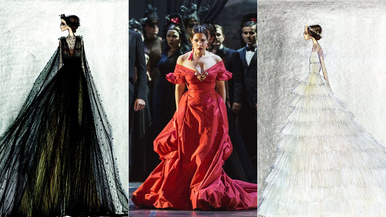 Bocetos y vestido para la Traviata realizados por Valentino.