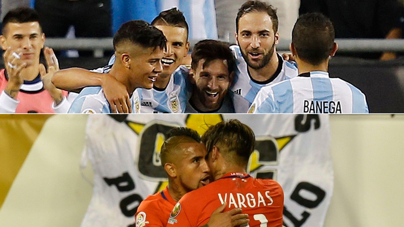 Los jugadores de Argentina (arriba) y los de la selección de Chile (abajo) celebra su pase a semifinales de la Copa América.