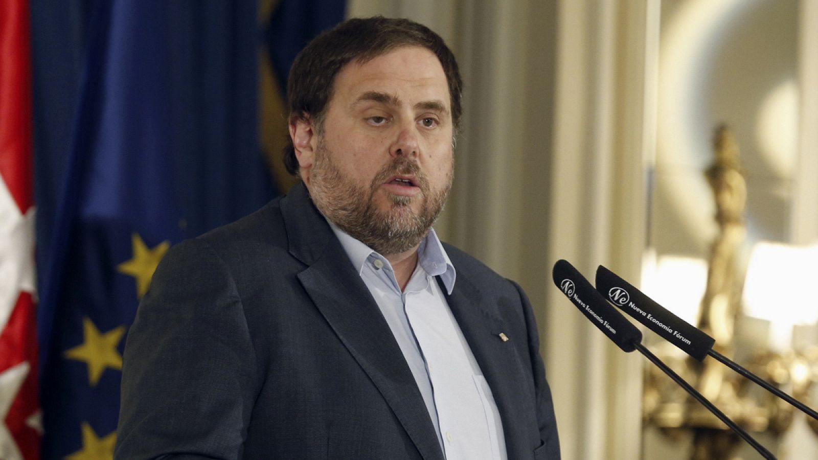 El vicepresidente catalán, Oriol Junqueras, interviene en un desayuno informativo de Fórum Europa