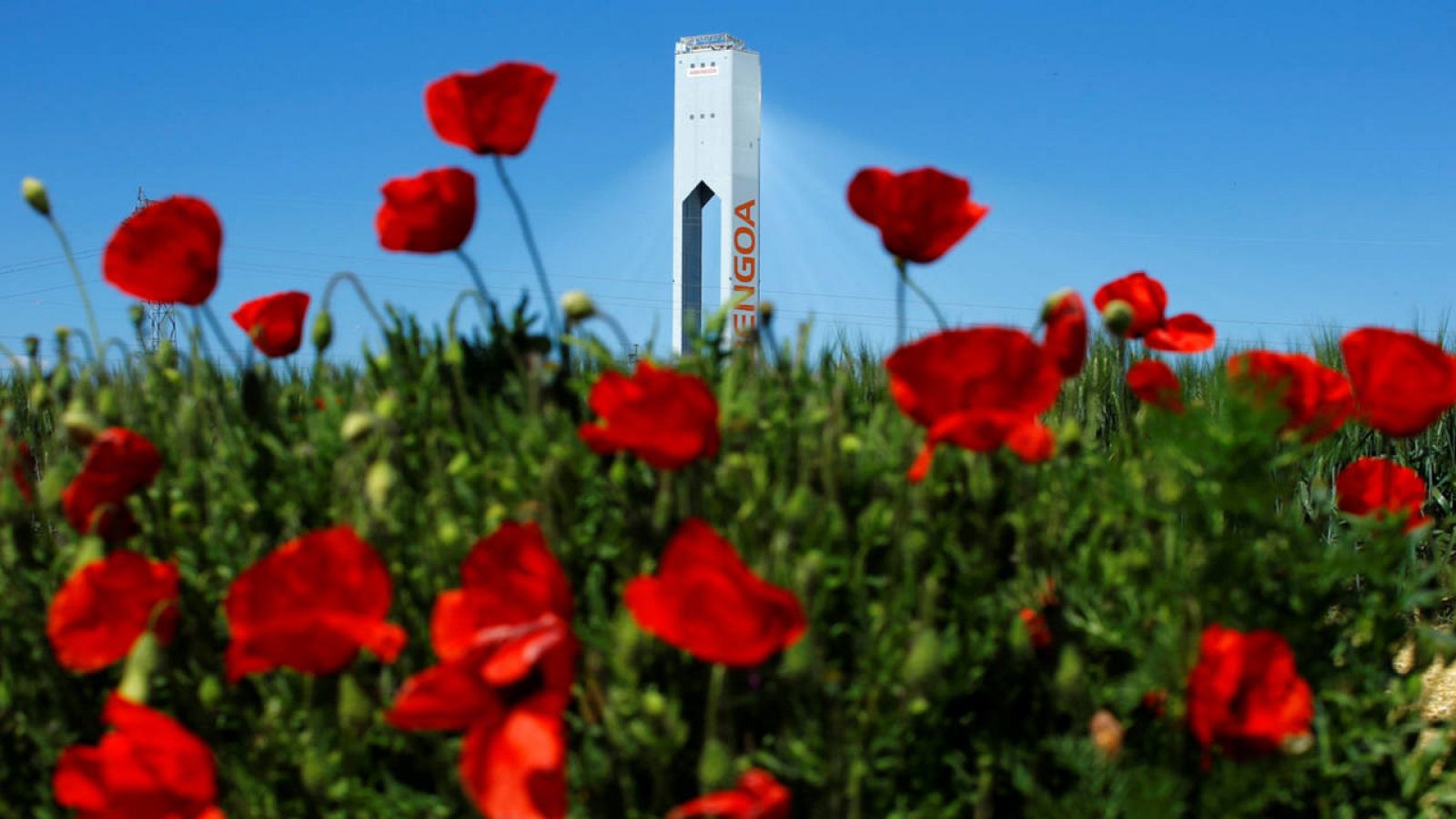 Torre de la planta solar de Abengoa en la localidad sevillana de Sanlúcar La Mayor