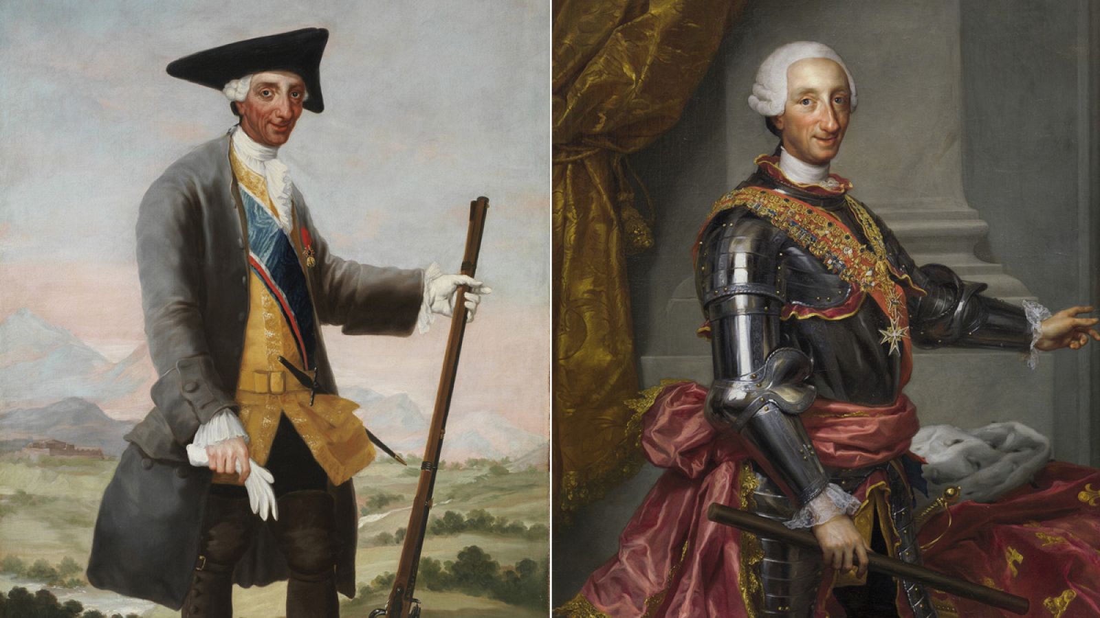 Detalle de 'Carlos III, cazador' (h. 1786), de Francisco de Goya, y 'Carlos III' (h. 1765), de Antón Rafael Mengs.