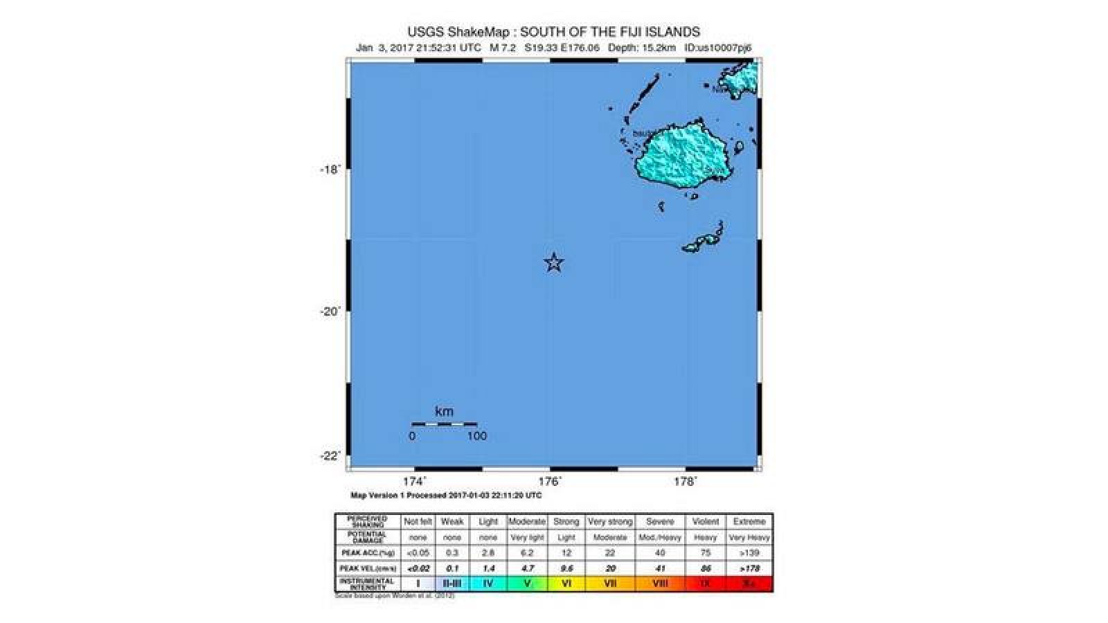 Imagen donde se aprecia el epicentro del terremoto cercano a Fiyi