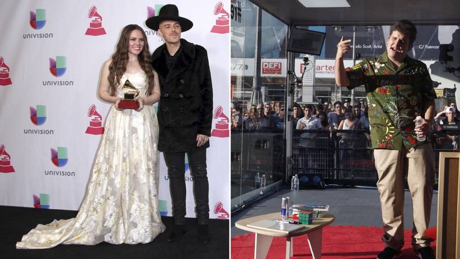 A la izquierda, los hermanos Jesse & Joy, durante la gala de los Premios Grammy Latino 2016. A la derecha, el rapero Arkano, batiendo el récord Guiness de más tiempo seguido improvisando