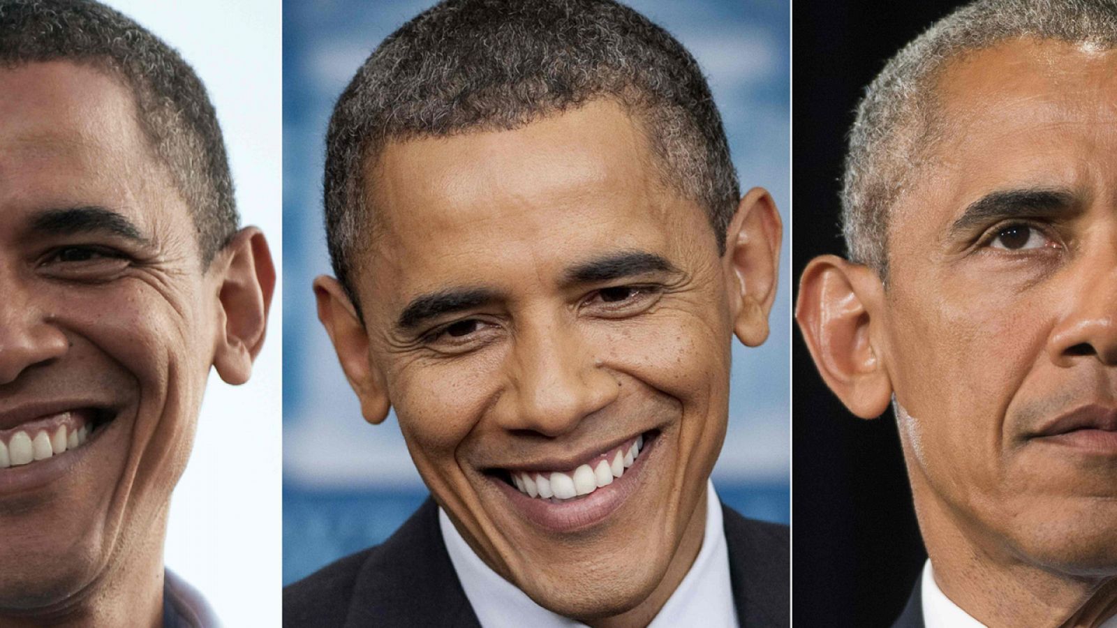 Tres imágenes de Barack Obama: en su primera campaña electoral, en agosto de 2008 (izquierda); en la Casa Blanca, en 2012 (centro) y en una rueda de prensa en septiembre de 2016 (derecha)