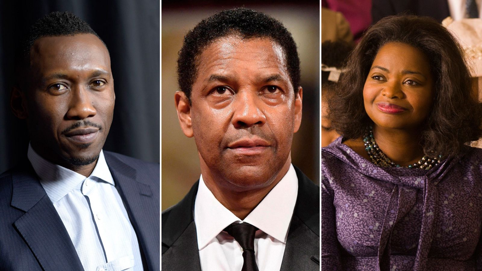 De izquierda a derecha, los actores mahershala Ali, Denzel Washington y la actriz Octavia Spencer