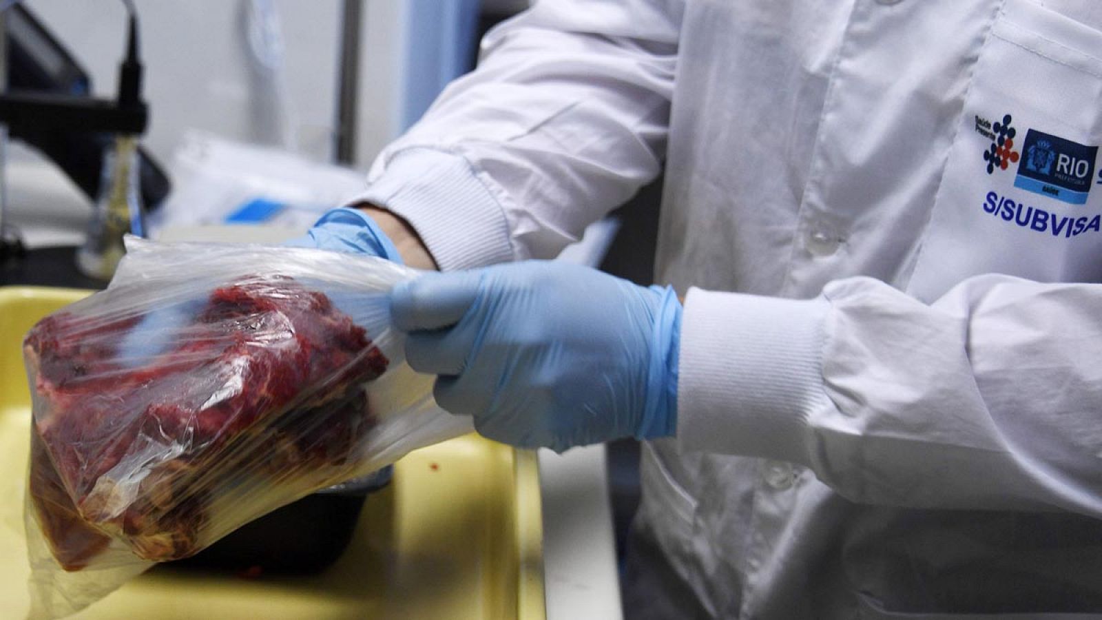 Los expertos se preparan para analizar carne de animal incautada en diferentes mercados de Río de Janeiro, Brasil.