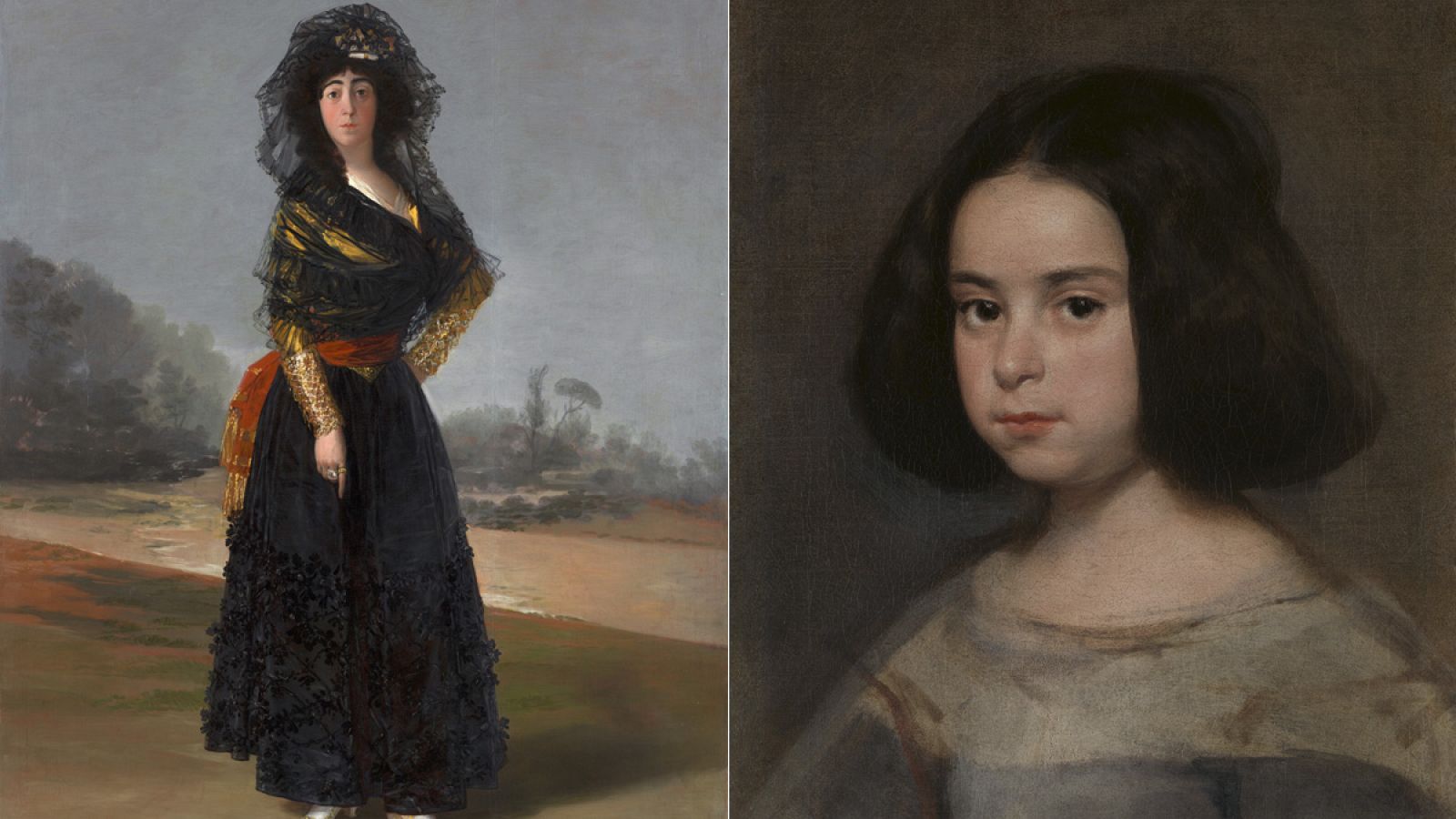 Detalles de 'La duquesa de Alba' (1796-1797), de Goya, y 'Retrato de niña' (ca. 1638-44), de Velázquez, dos de los tesoros de la Hispanic Society of America que pueden verse en el Prado.