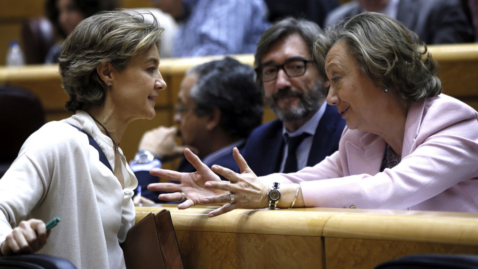 La ministra de Agricultura, Isabel García Tejerina, conversa con la senadora Luisa Fernanda Rudi ante el senador Iñaki Oyarzábal, durante la sesión de control al Gobierno (Archivo)