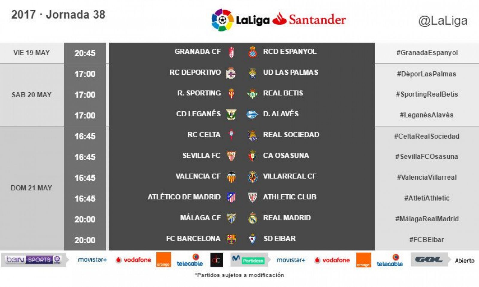 Imagen del tuit de la LFP con los horarios de la última jornada de Liga