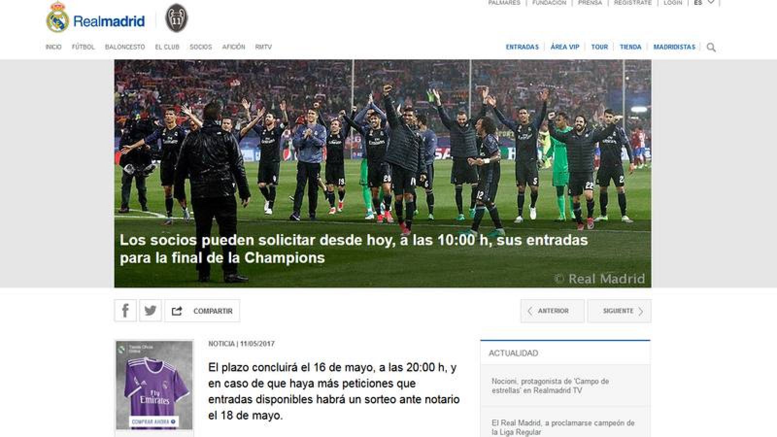 La web del Madrid anuncia el plazo de solicitud de entradas para la final