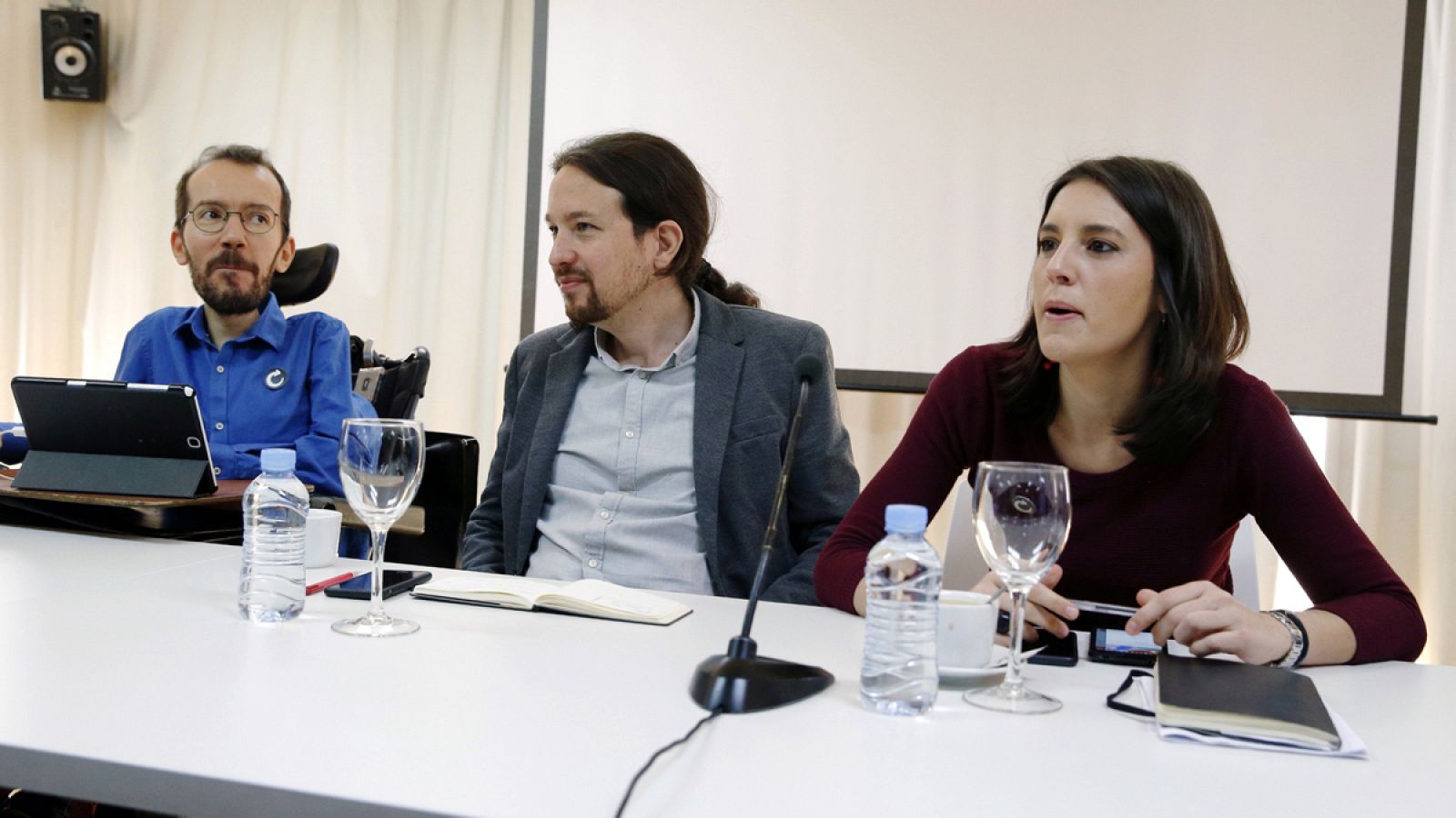 Los líderes de Podemos, Pablo Iglesias, Pablo Echenique e Irene Montero