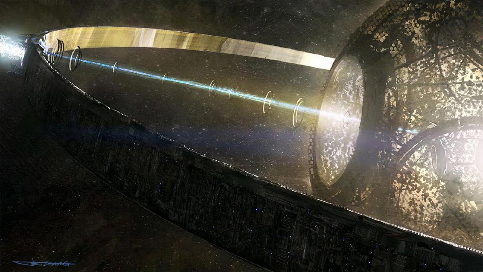 Recreación artística de la estrella KIC 8462852 y su supuesta estructura artificial.