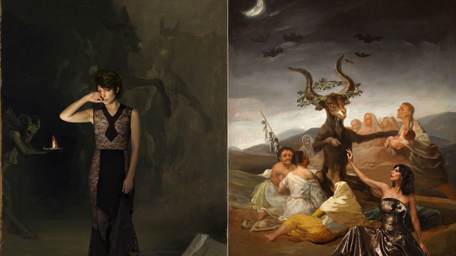 Bábara Lennie (dcha) integrada en 'El hechizado por la fuerza' (1798) y Maribel Verdú dialogando con 'El aquelarre' (1798) en la exposición 'Brujas, metamorfosis de Goya', del Museo Lazaro Galdiano.