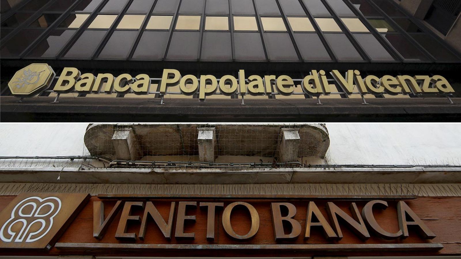 Fachadas de los dos bancos italianos afectados por la orden de la UE.