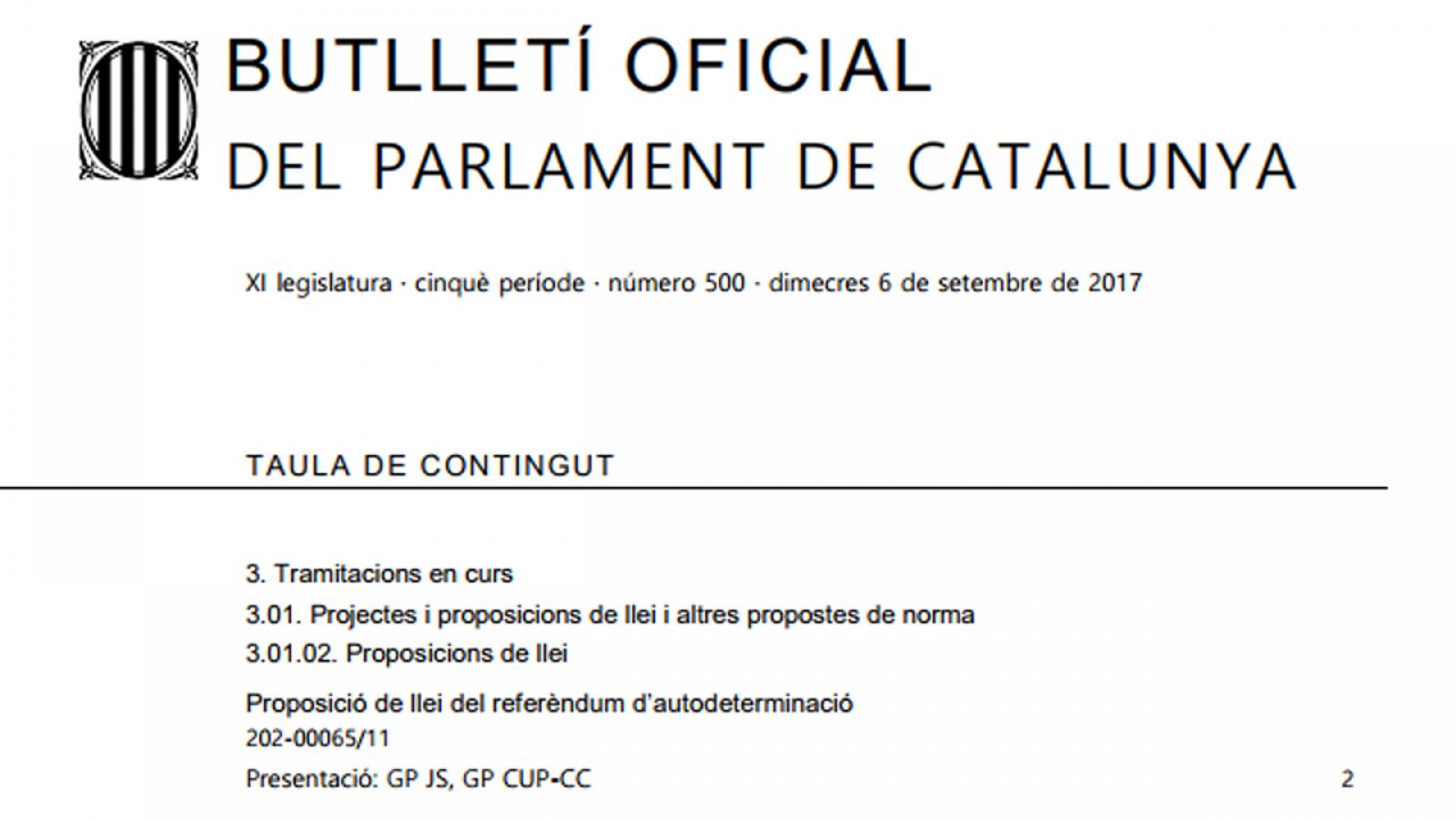 Boletín del Parlament con la proposición de ley del referéndum de autodeterminación