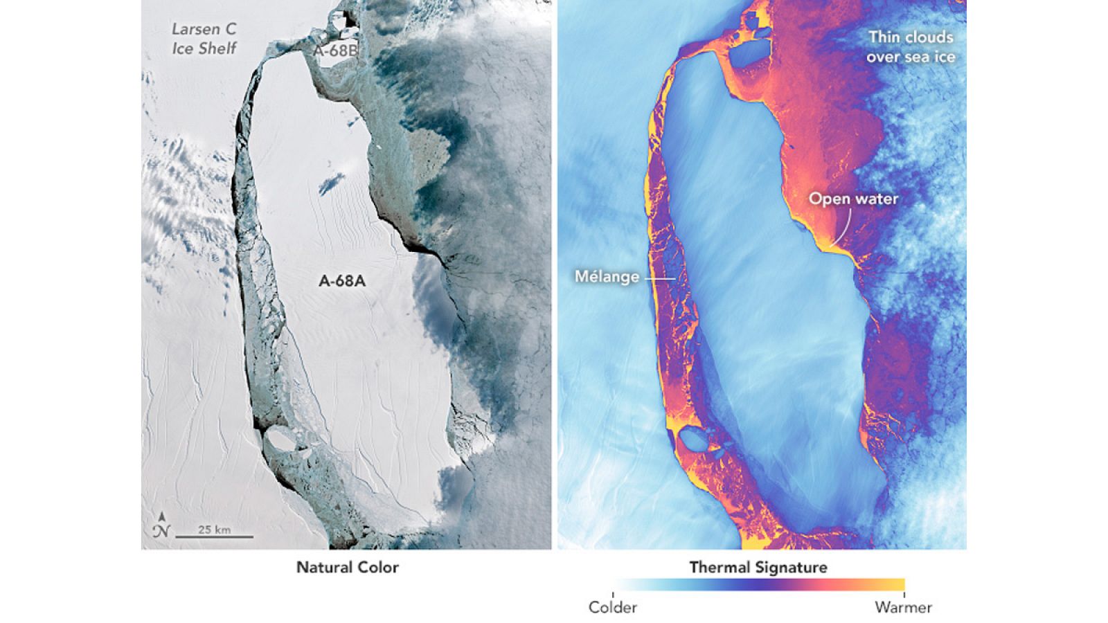 El iceberg A68, visto en imagen natural y en imagen térmica desde los satélites de la NASA