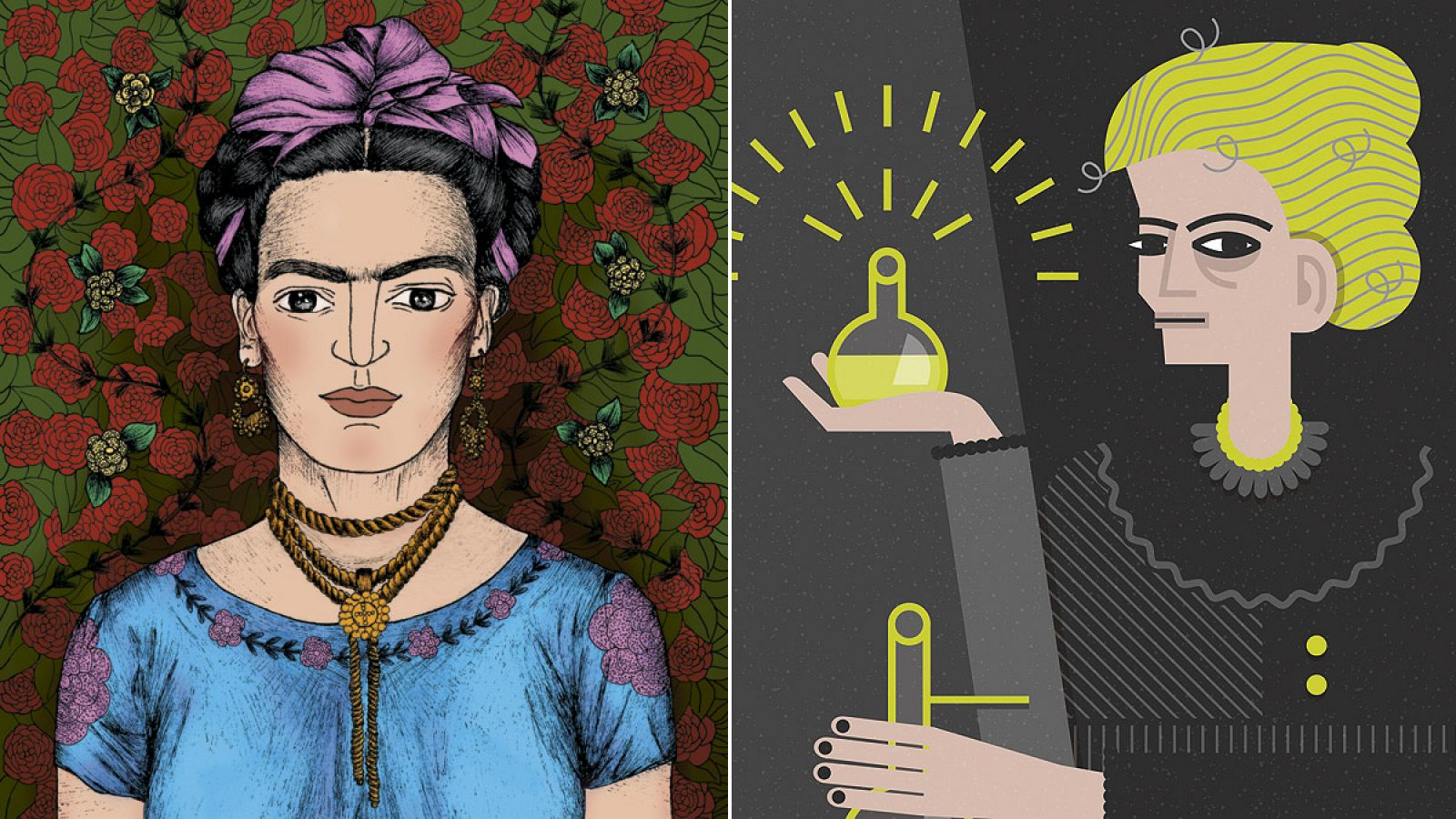 Frida Kahlo (izq) y Marie Curie (dcha) aparecen en 'Cuentos de buenas noches para niñas rebeldes'.