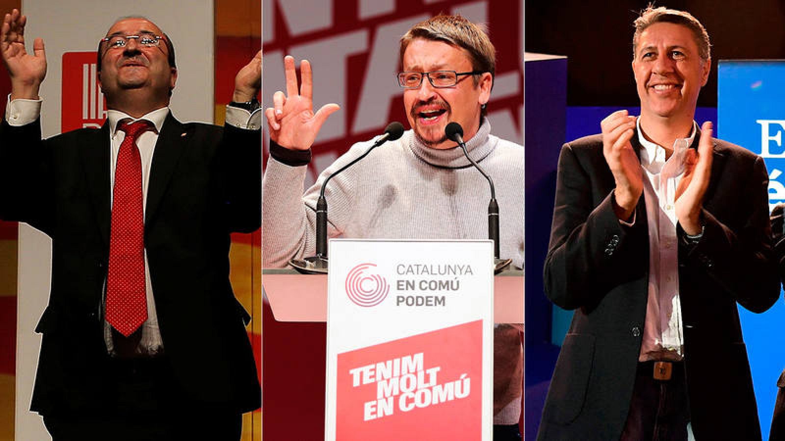 Miquel Iceta (PSC), Xavier Domènech (CatECP) y Xavier García Albiol (PPC), en sus respectivos actos de cierre de campaña.