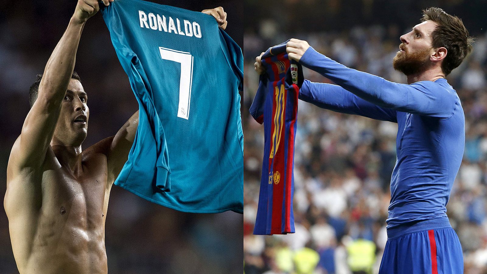 Cristiano Ronaldo y Leo Messi, y su icónica celebración en los Clásicos de 2017.
