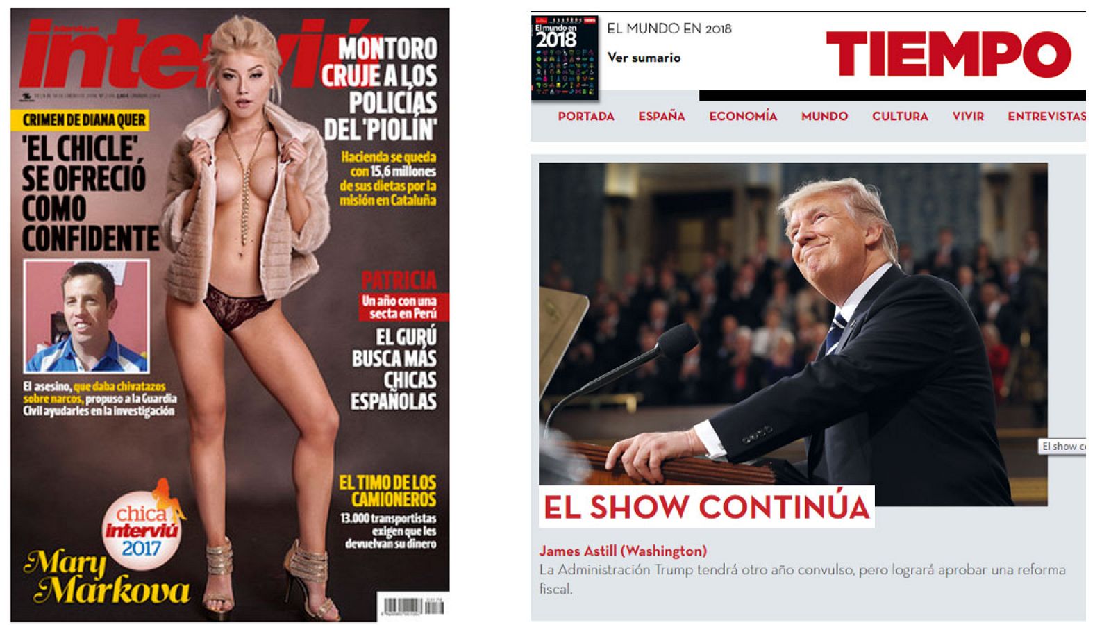 Última portada de 'Interviú' y portada web de 'Tiempo'