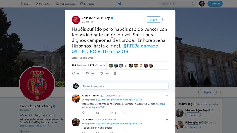 Imagen del tuit de la Casa Real felicitando a la selección española