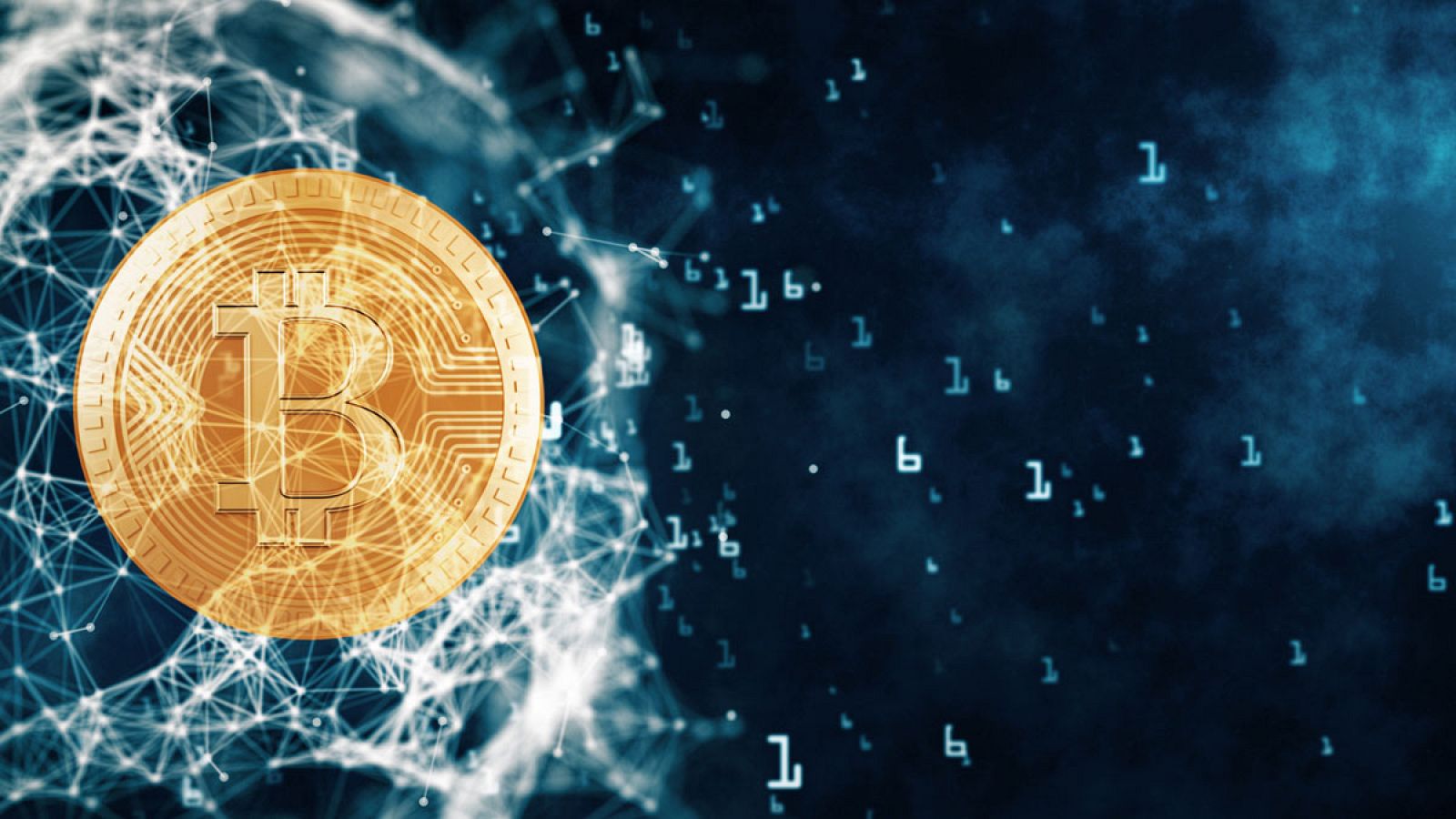 Representación del concepto de criptomoneda: el símbolo del bitcoin inscrito en una cadena de bloques numéricos