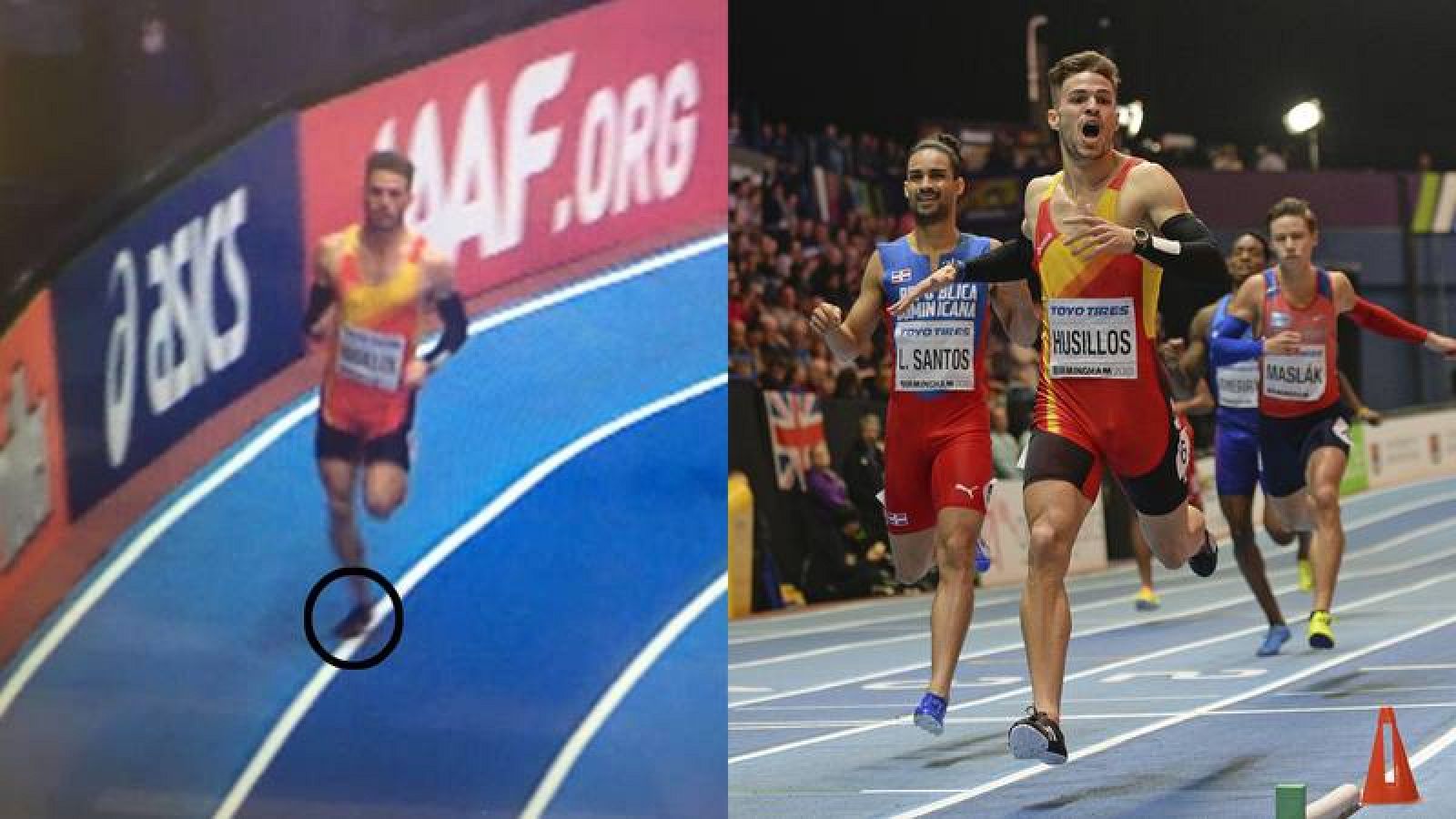 Fotograma donde se aprecia que Husillos pisó la línea interior de su calle (izquierda); en una carrera que terminó primero 