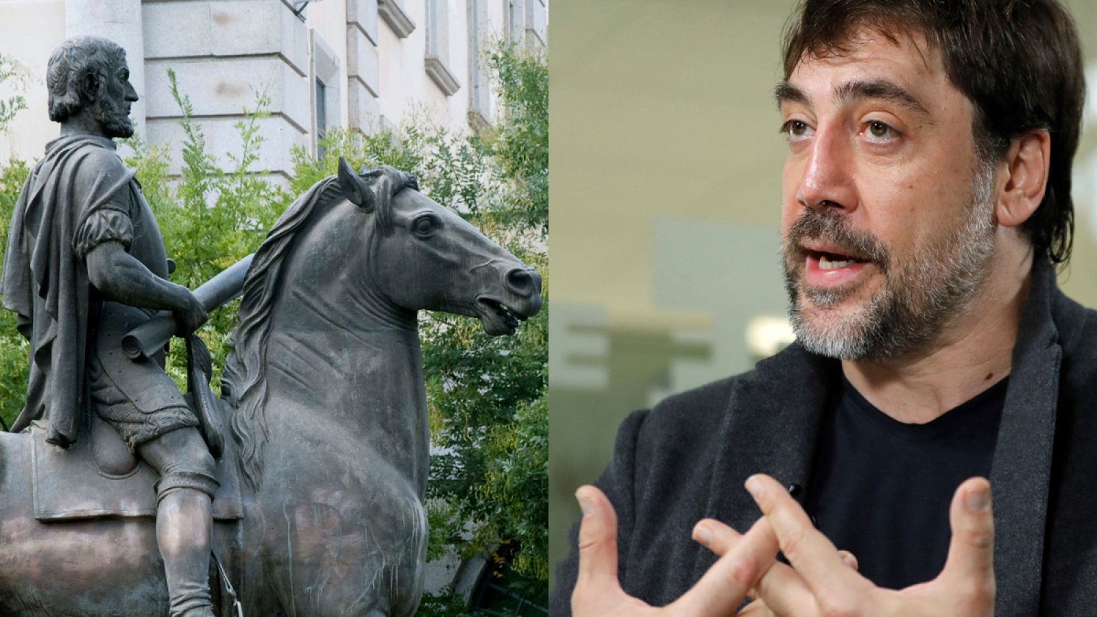 Estatua ecuestre de Hernán Cortés y retrato de Javier Bardem