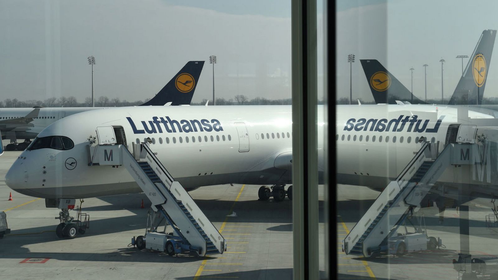 Un Airbus A350 de Lufthansa en la terminal del aeropuerto Franz-Josef-Strauss de Múnich