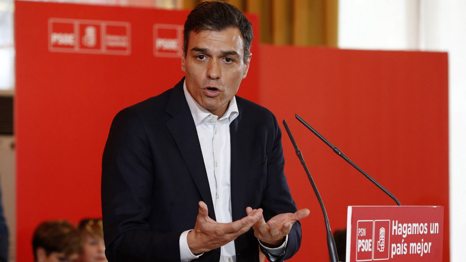 El secretario general del PSOE, Pedro Sánchez, durante su intervención en Pamplona
