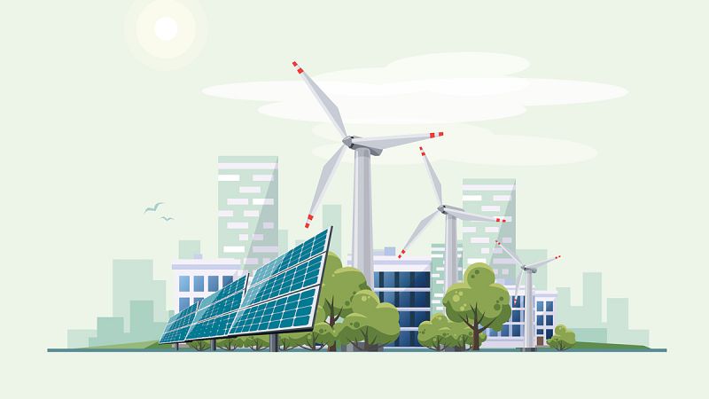Ilustración de una ciudad con energías renovables