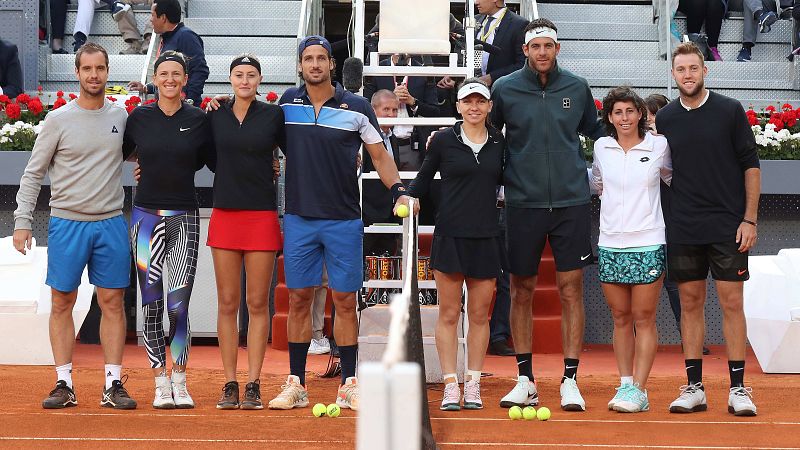 Richard Gasquet, Victoria Azarenka, Kristina Mladenovic, Feliciano LÓpez, Simona Halep, Juan MartÍn del Potro, Carla SuÁrez y Jack Sock, en la presentación del Madrid Open.
