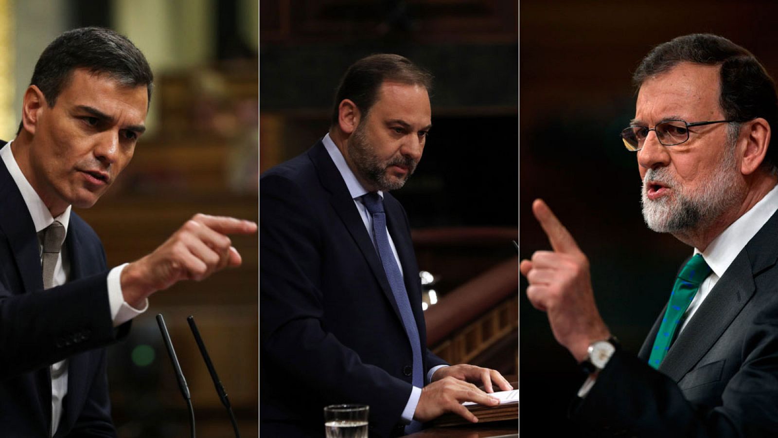 Pedro Sánchez, José Luis Ábalos y Mariano Rajoy durante el debate de la moción de censura en el Congreso de los Diputados