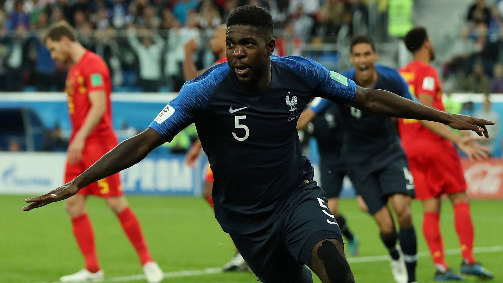 Umtiti celebra el gol de la victoria francesa sobre Bélgica.