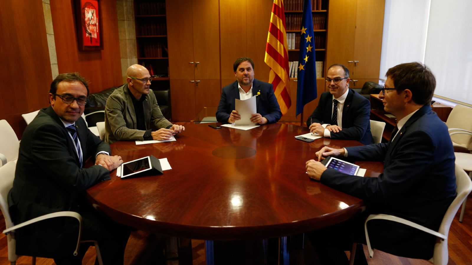 Los exconsellers del Govern Josep Rull, Raül Romeva, Oriol Junqueras, Carles Mundó, y Jordi Turull