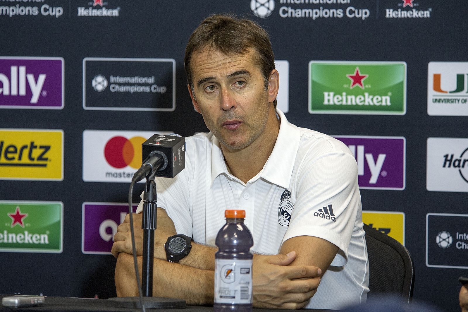 El entrenador del Real Madrid, Julen Lopetegui, en rueda de prensa tras el partido ante el Manchester United.