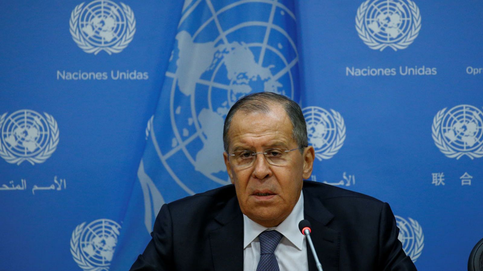 El ministro ruso de Asuntos Exteriores, Serguéi Lavrov, durante la rueda de prensa tras participar en la 73 Asamblea General  de la ONU el viernes 28 de septiembre de 2018.