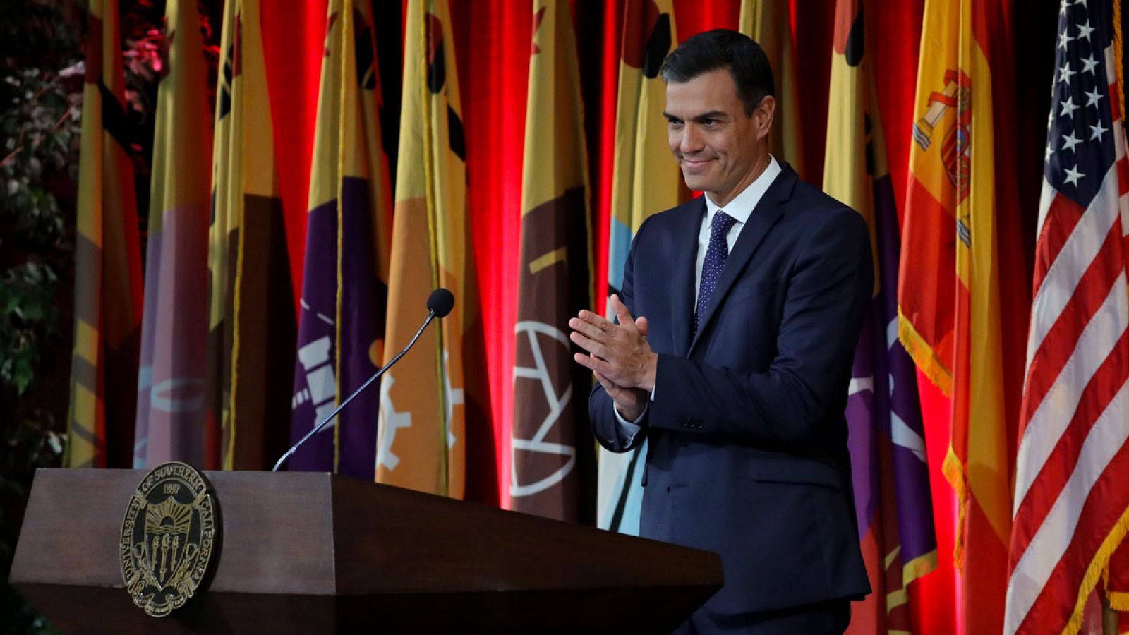 El presidente del Gobierno, Pedro Sánchez, interviniendo el viernes 28 de septiembre de 2018 en el auditorio de la Universidad del Sur de California, en Los Ángeles, California (EE.UU.).