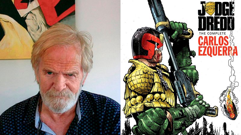 Carlos Ezquerra y la portada de un recopilatorio de su 'Juez Dredd'