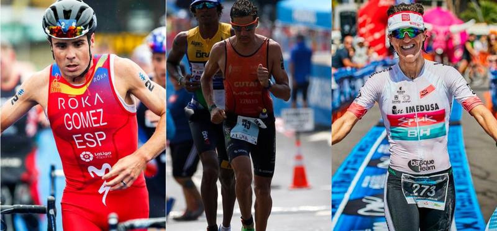 De izquierda a derecha, Javier Gómez Noya, Iván Raña y Gurutze Frades