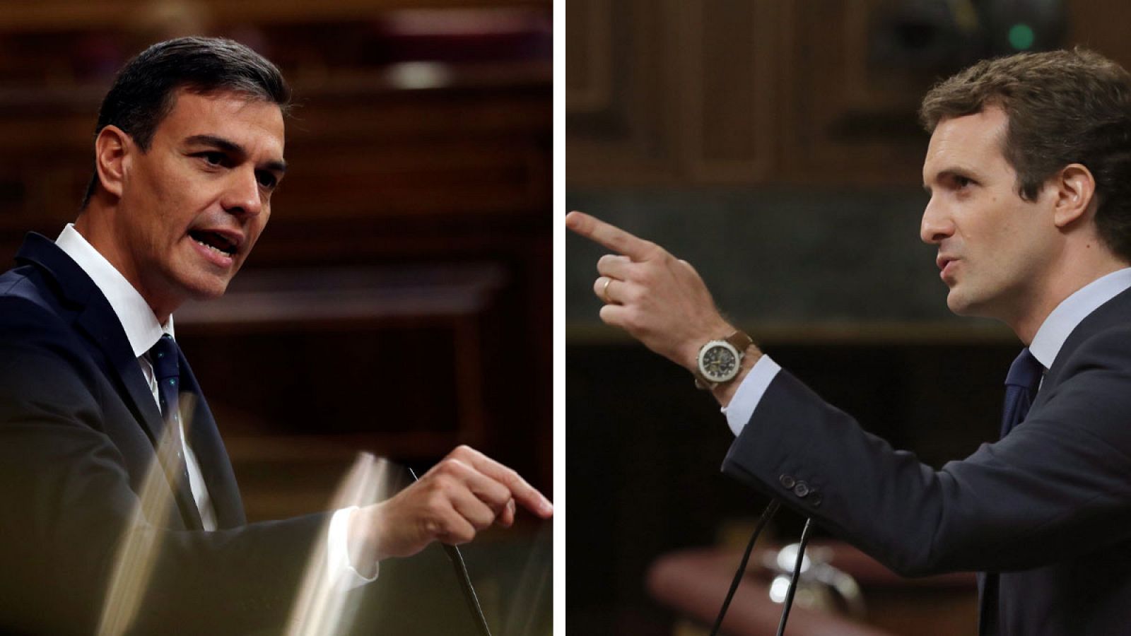 El presidente del Gobierno, Pedro Sánchez, y el líder del PP, Pablo Casado, en el Congreso.